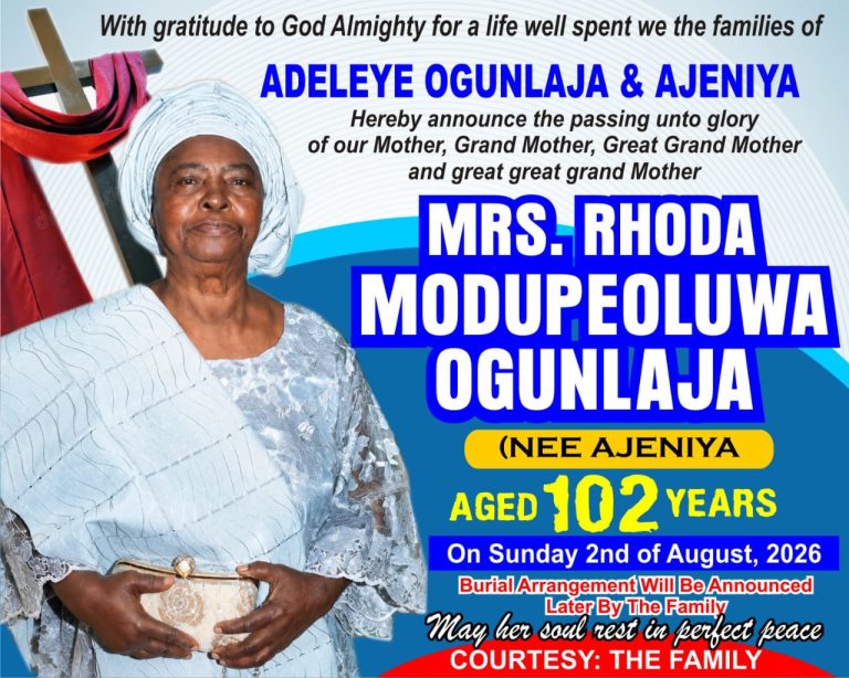 The Managing Director/CEO of Oke Aje Epe Nig. Ltd, Mrs. Beatrice Olabisi James, has lost her mother, Mrs. Rhoda Modupeoluwa Ogunlaja (nee Ajeniya)
